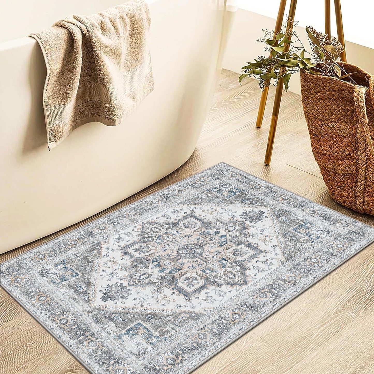 KUETH 2x3 Area Rugs for Living Room Bedroom, Machine Washable Stain Resistant Floor Cover, Print Gray Floral Medallion Large Accent, Low Pile Mat with Non Slip Rubber Backing, Distressed Gray