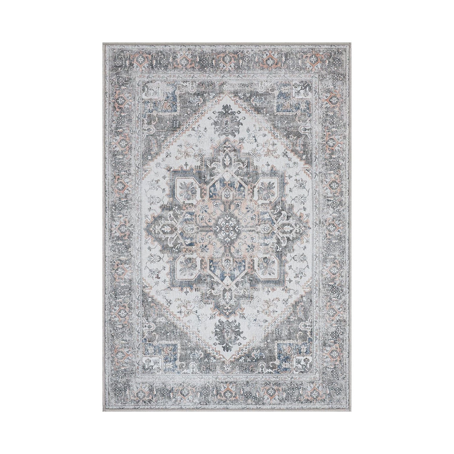 KUETH 2x3 Area Rugs for Living Room Bedroom, Machine Washable Stain Resistant Floor Cover, Print Gray Floral Medallion Large Accent, Low Pile Mat with Non Slip Rubber Backing, Distressed Gray