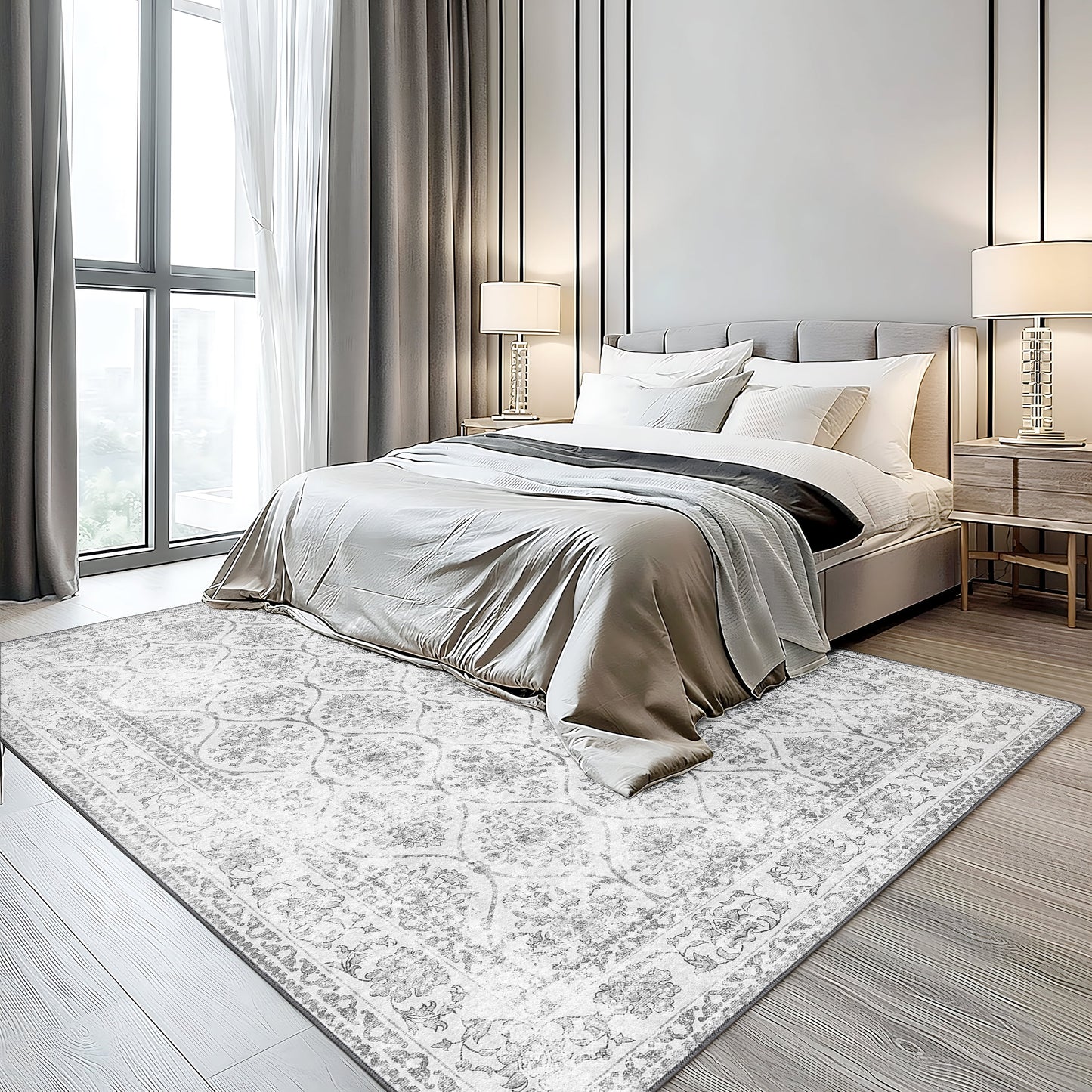 KUETH 3x5 Area Rugs for Living Room Bedroom, Machine Washable Stain Resistant Non-Shed Carpet, Print Vintage Floral Floor Cover, Low Pile Mat with Non Slip Backing, Distressed Cream/Gray