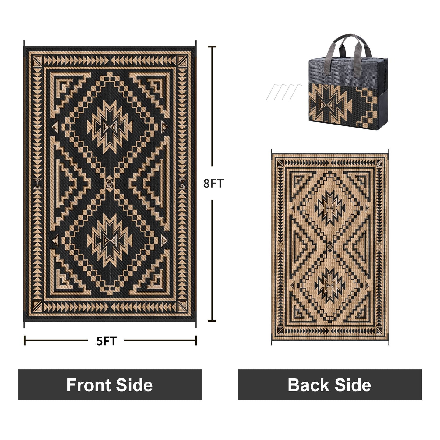 KUETH 5' x 8' Outdoor Waterproof Rug Camping Mat Patio Carpet,Black & Brown