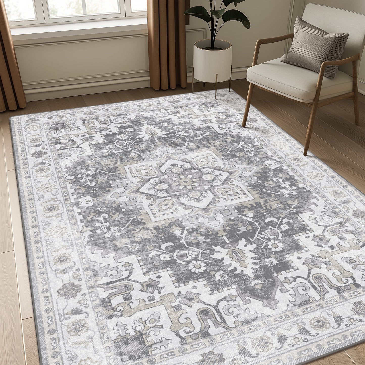 KUETH 6'x9' Area Rugs for Living Room, Non-Slip Machine Washable Vintage Retro Rug, Low Pile Chenille Print Rug for Bedroom Dining Room Home Office