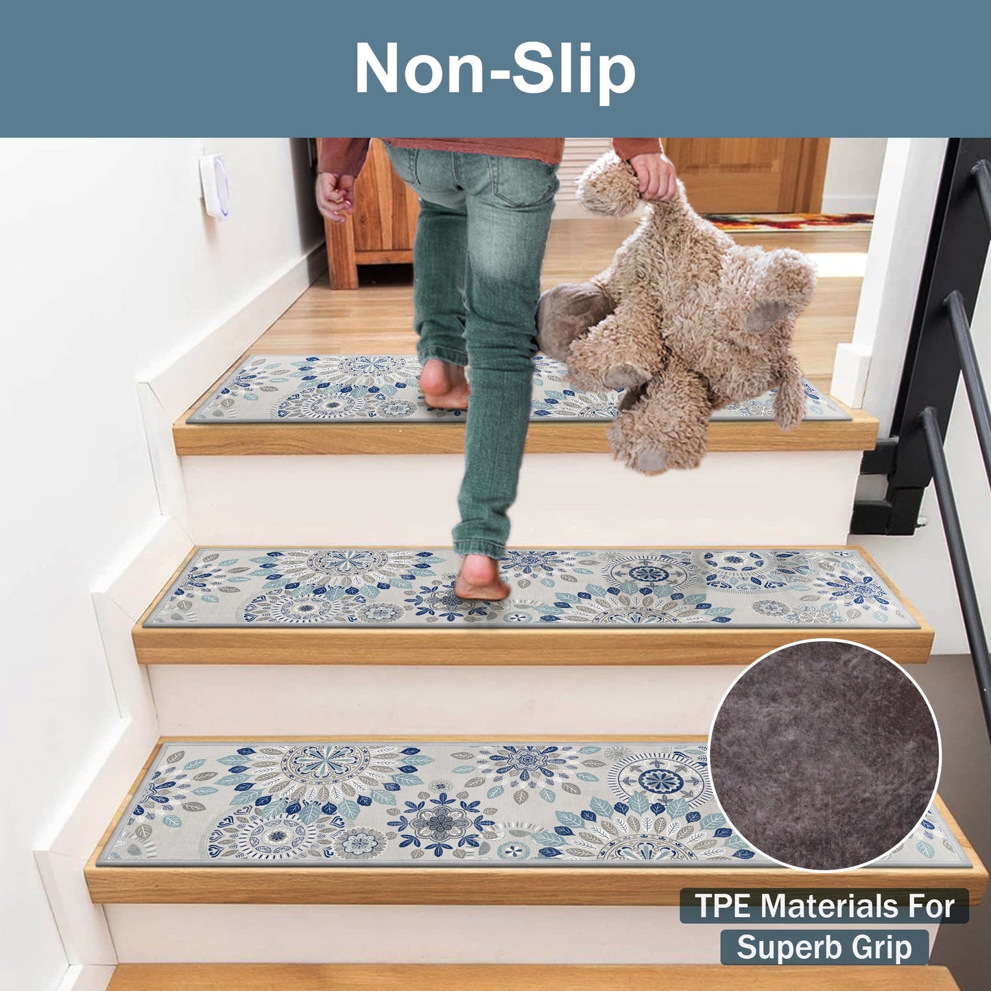 KUETH Stair Treads Non Slip 4 PCS, 8" X 30" Edging Stair Runner for Wooden Steps Indoor, Resistant Stair Rugs with Reusable Rubber Adhesive Backing, Residue Free Mat for Kids, Elders, Pets