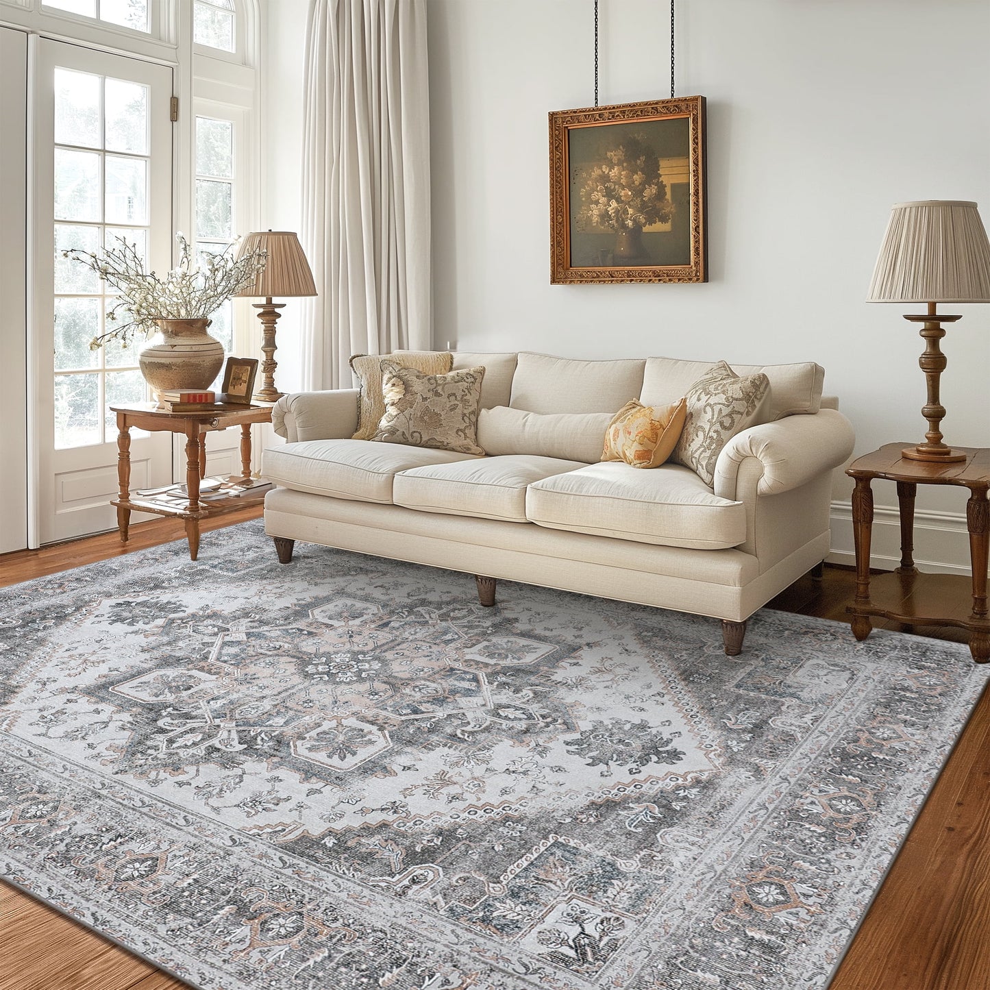 KUETH Area Rugs 6x9 Machine Washable Vintage Distressed Print Gray Floral Medallion Large Accent Bedroom Living Room Rug, Low Pile Ultra-Thin Lightweight Non Slip with Gripper