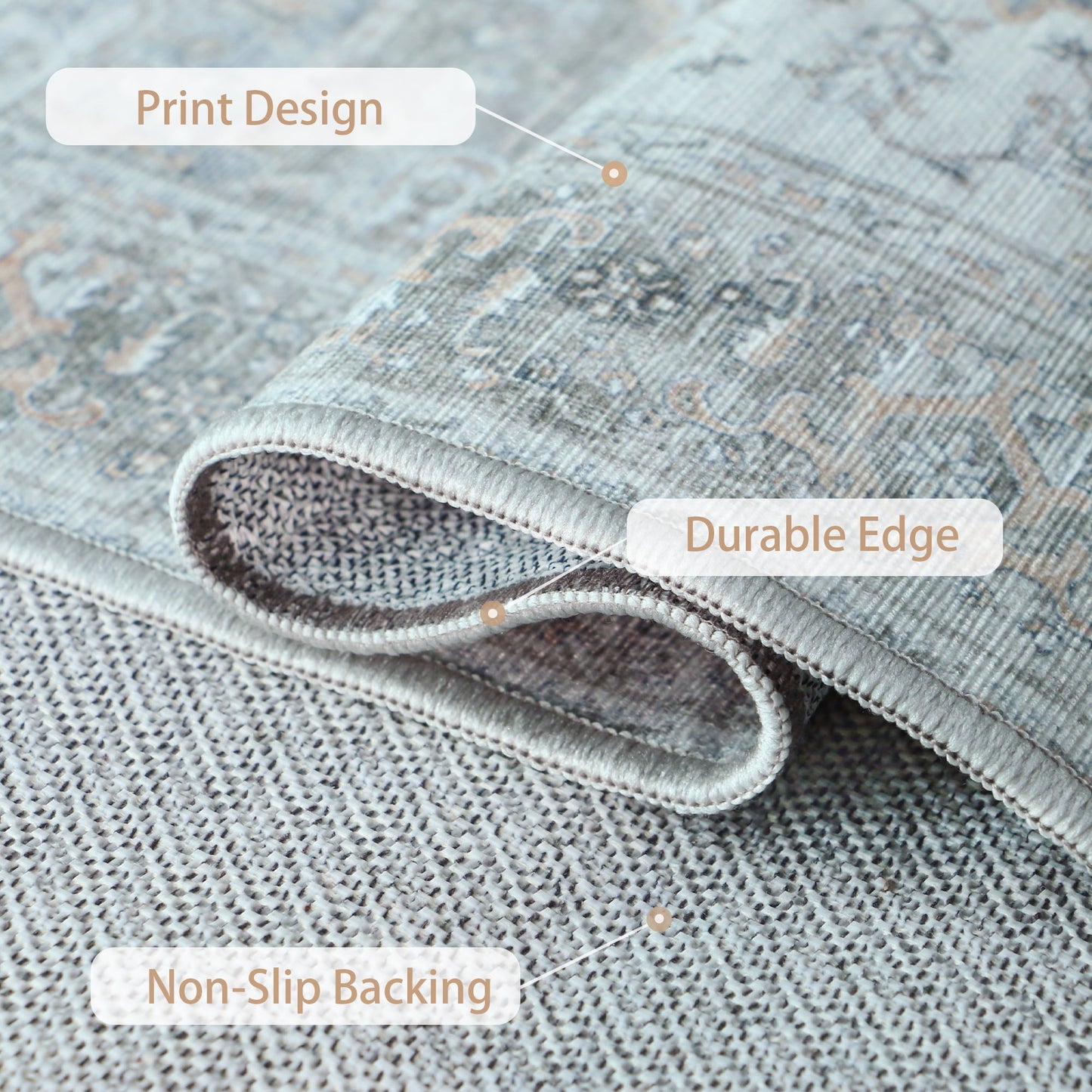 KUETH Area Rugs 3x5 Machine Washable Vintage Distressed Print Gray Floral Medallion Large Accent Bedroom Living Room Rug, Low Pile Ultra-Thin Lightweight Non Slip with Gripper