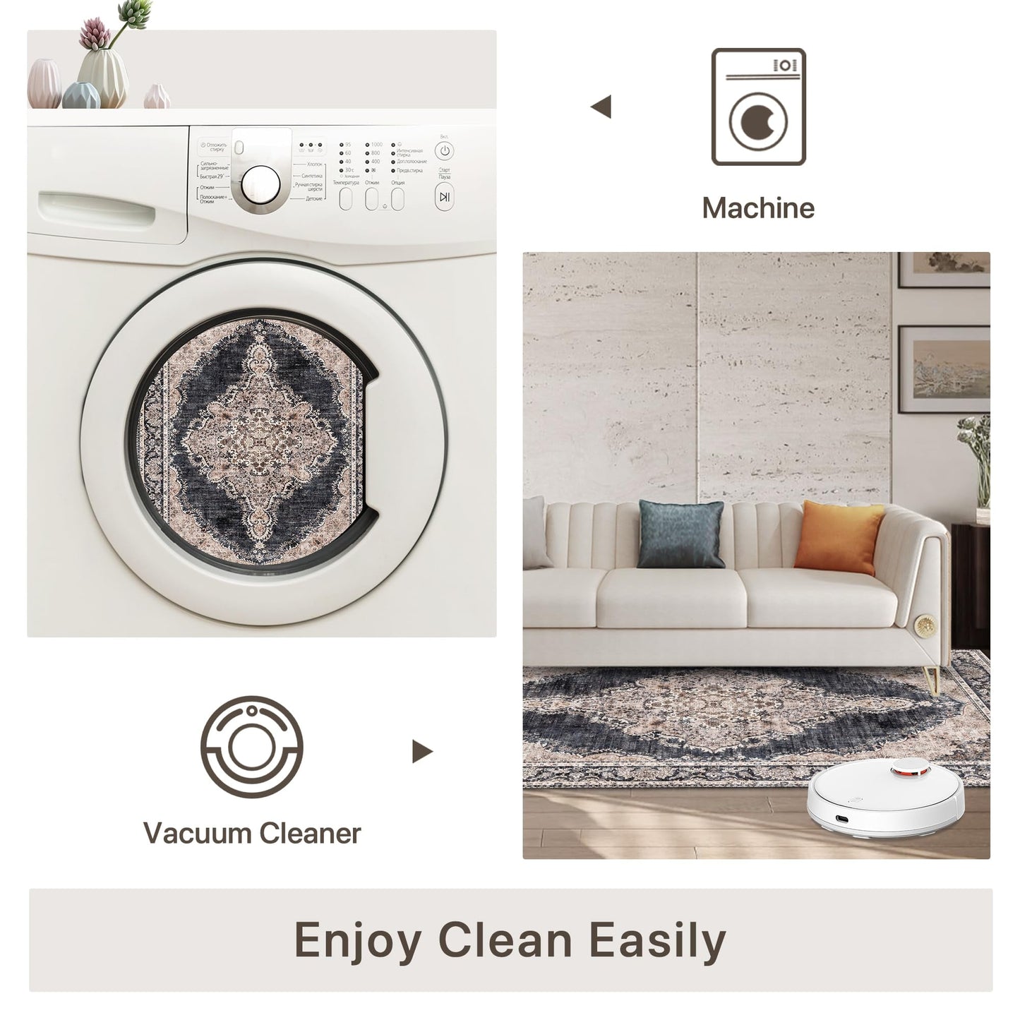 KUETH 8x10 Area Rugs for Living Room Bedroom, Machine Washable Stain Resistant Non-Shed Carpet,, Low Pile Mat with Non Slip Backing