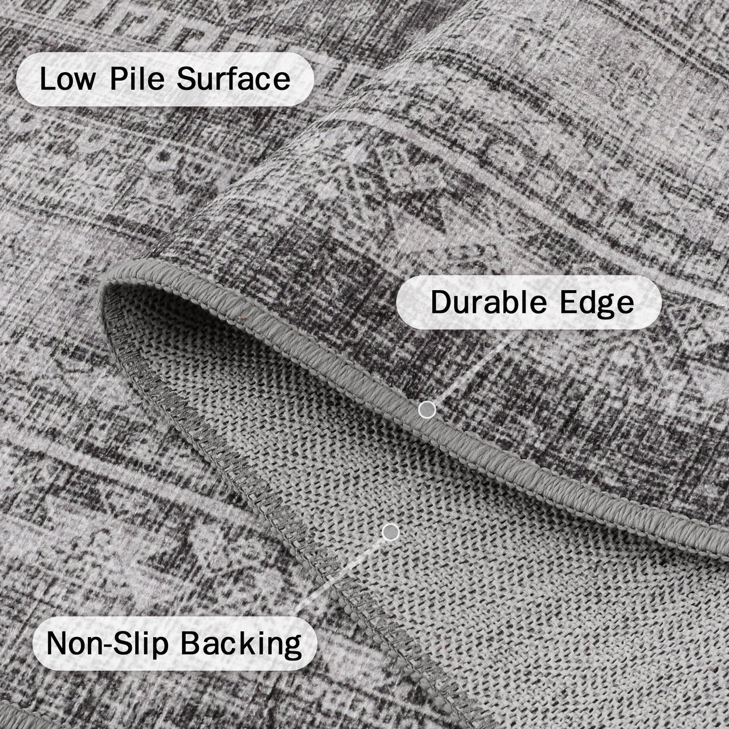 KUETH Runner Rugs 2'x5' Non Slip Hallway Runner Rug, Machine Washable Low Pile Mat for Living Room, Entryway, Bedroom, Kitchen and Corridor, Passage, Gray