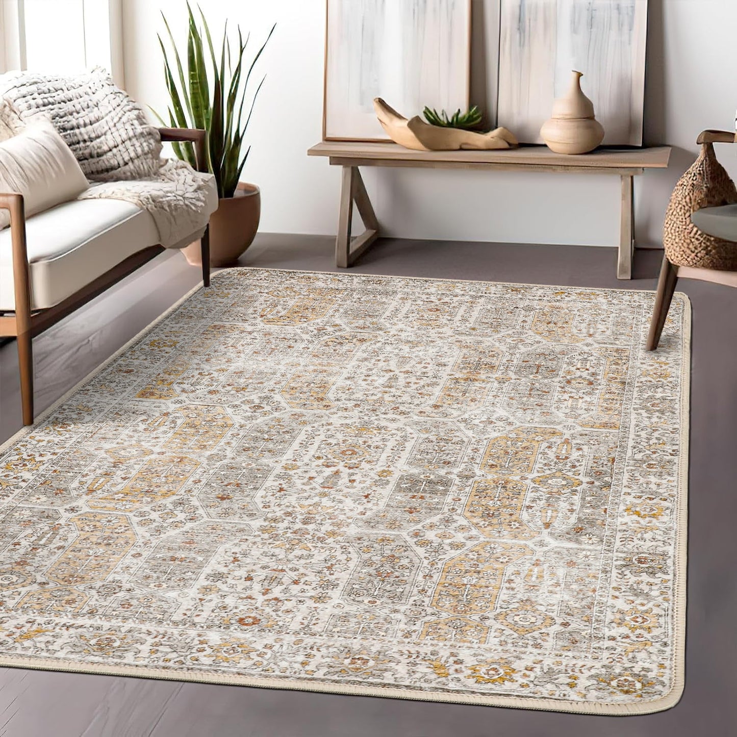 KUETH Area Rug 5x7 for Living Room Dining Room, Soft Large Machine Washable Throw Rug with Non-Slip Rubber Backing, Stain Resistant Indoor Vintage Print Carpet for Bedroom Nursery Room