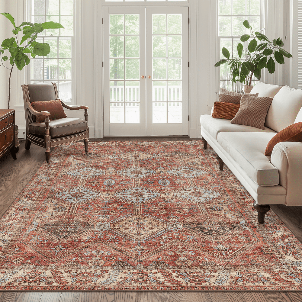 KUETH 5'x7' Area Rugs for Living Room, Non Slip Machine Washable Vintage Indoor Rug, Low Pile Chenille Print Rug for Bedroom Dining Room Home Office