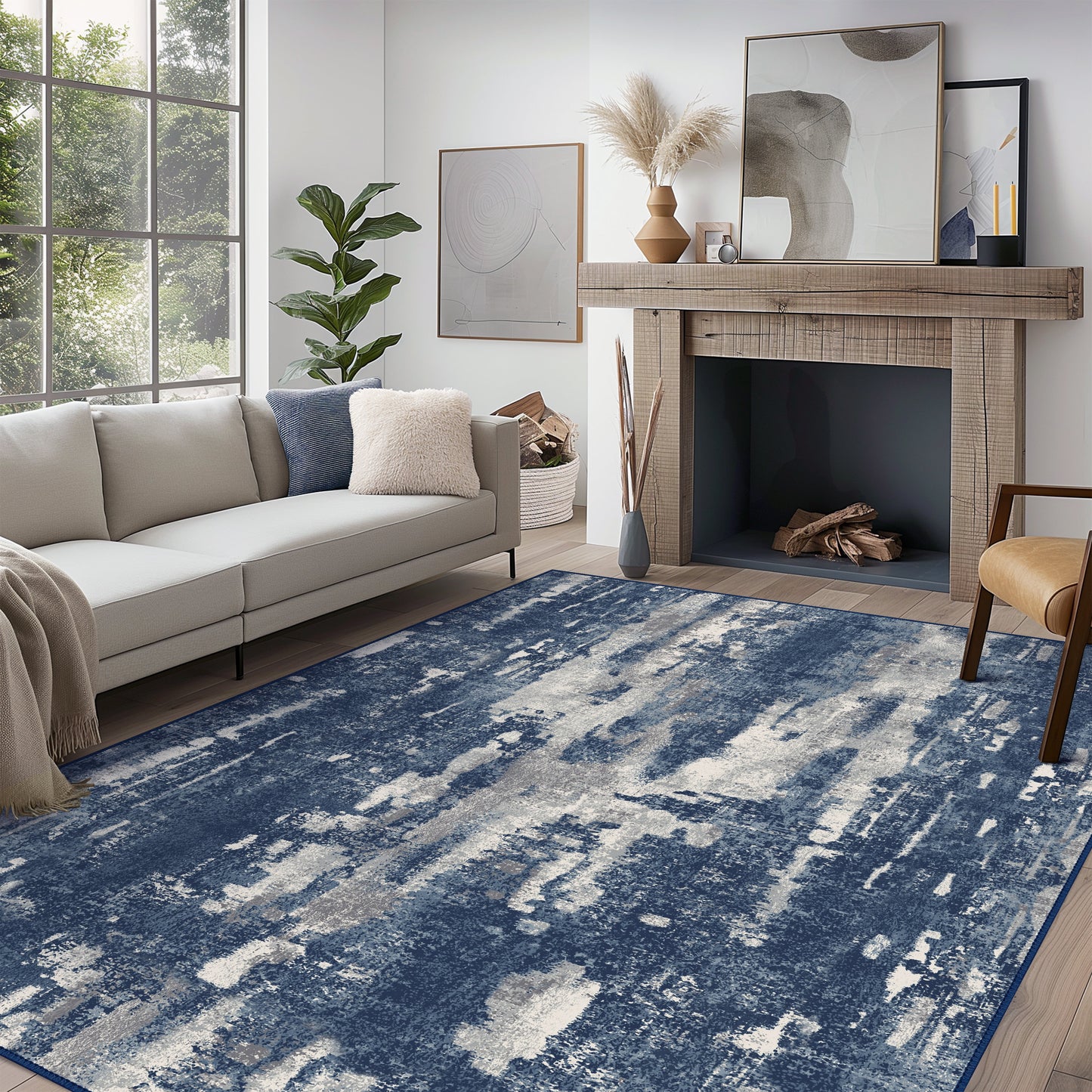 KUETH Area Rugs for Living Room 8x10 Large Modern Machine Washable Vintage Rugs Distressed Abstract Print Blue Throw Rug for Bedroom Aesthetic, Non Slip Carpet with Gripper