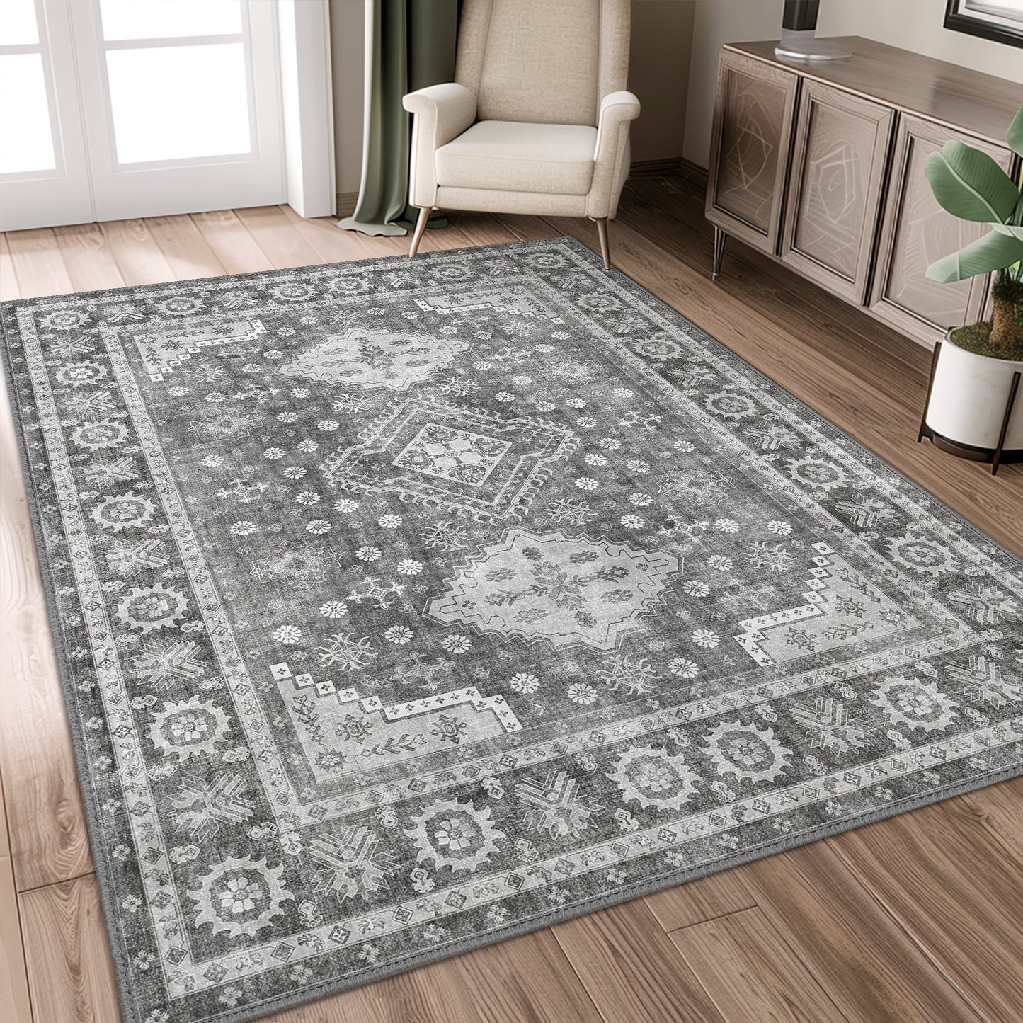 KUETH 3x5 Area Rugs for Bedroom Living Room, Machine Washable Stain Resistant Floor Cover, Large Print Boho Vintage Tribal Aesthetic Carpet, Low Pile Mat with Non Slip Rubber Backing, Distressed Gray
