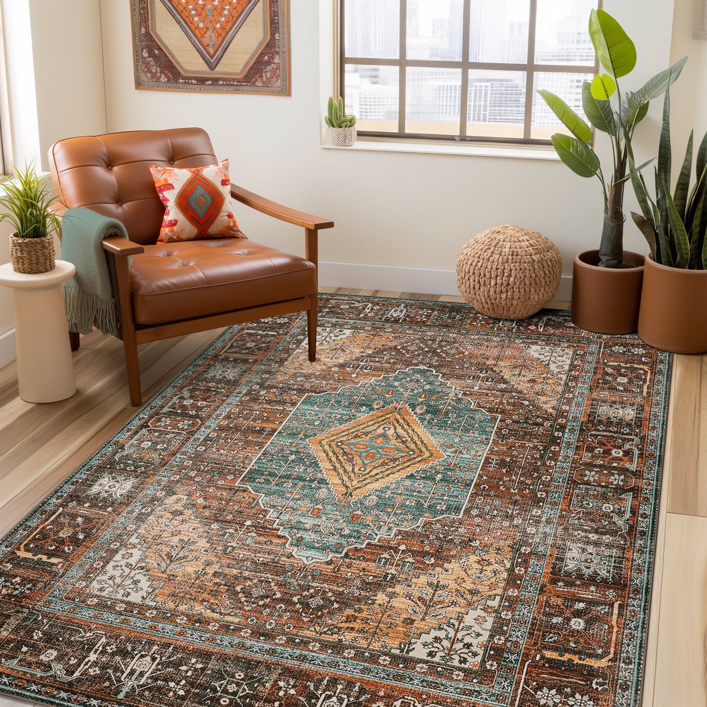 KUETH Area Rug - 8'x10' Machine Washable Runner Rugs, Non-Slip Vintage Mat for Living Room, Entryway Bedroom Kitchen and Corridor, Brick-red