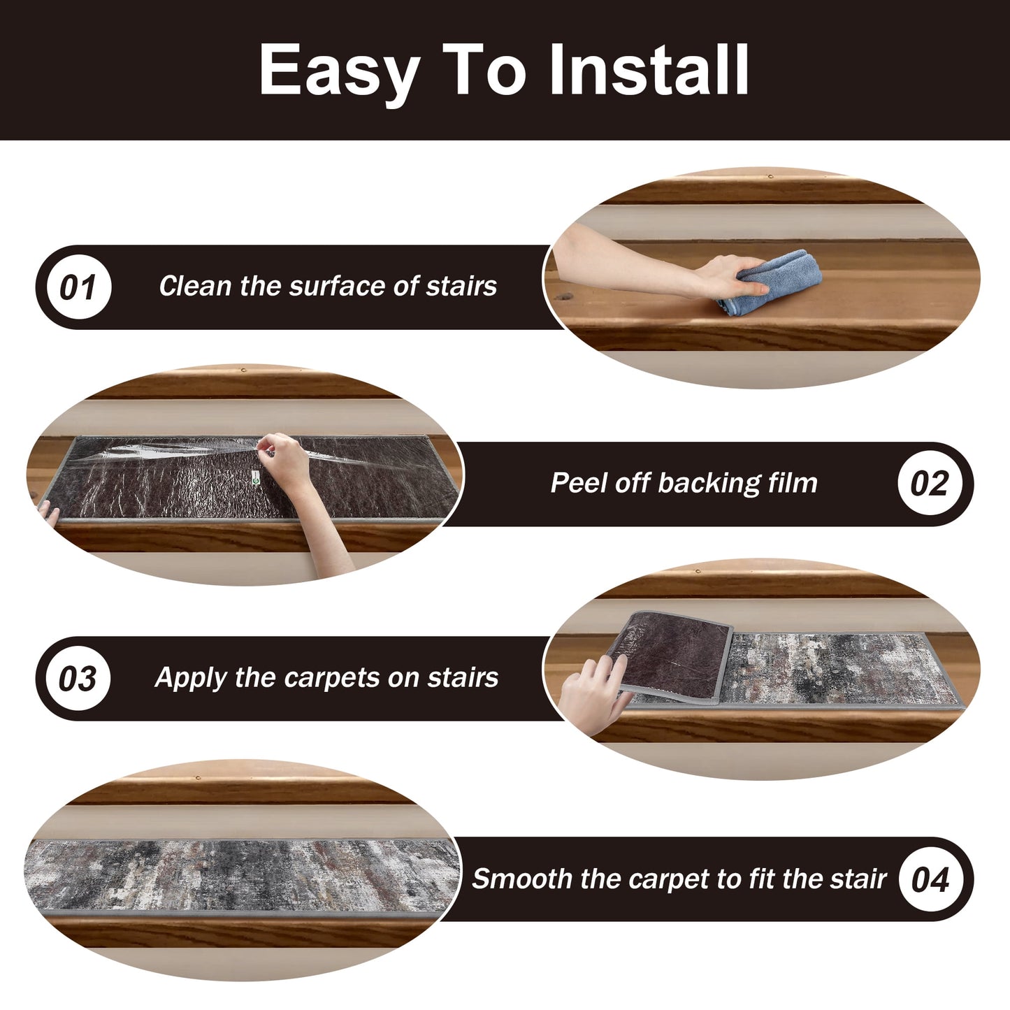 KUETH Stair Treads 15 Pcs 8"x30" Self-Adhesive Non-Slip Carpet for Wood Steps, Washable Rubber Backing Indoor Safety Mats for Kids & Pets