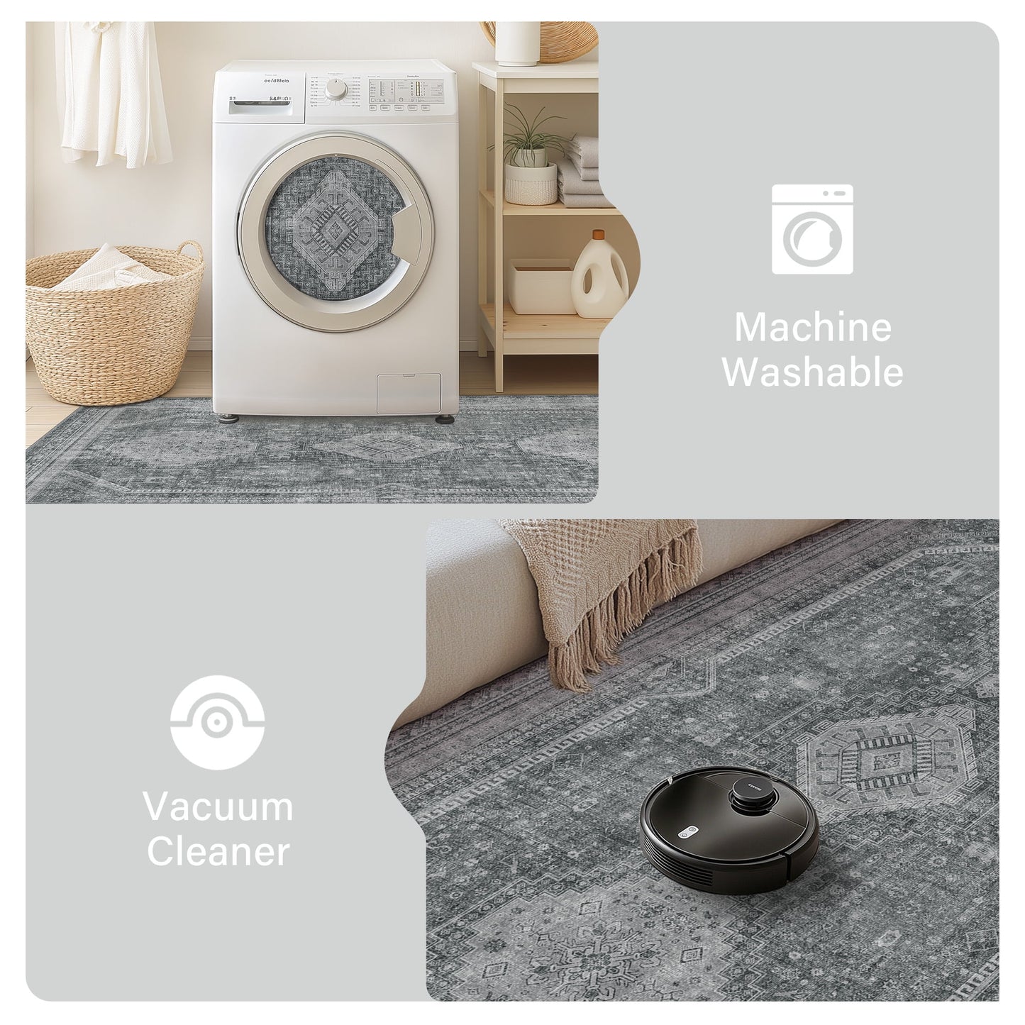 KUETH 8'x10' Area Rug Living Room Clearance, Non Slip Indoor Vogue Area Rugs, Low Pile Chenille Large Print Mat for Bedroom Dining Room Home Office and Hall, Gray