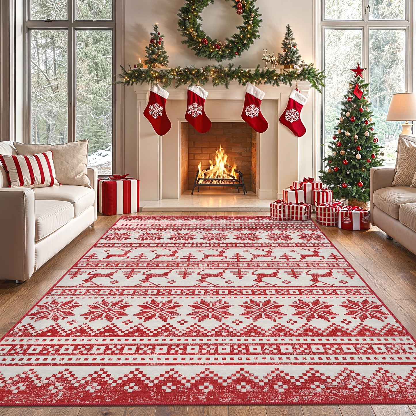 KUETH 6X9 Area Rugs Christmas Rug, Machine Washable Rug, Christmas Area Rugs for Livingroom, Ultra-thin Printed Christmas Rugs Decor, Non Slip Runner Rug, Low Pile for Bedroom