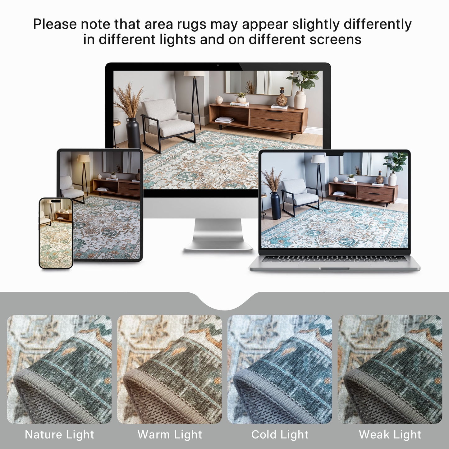 KUETH 5'x7' Area Rugs for Living Room, Ultra Thin Non Slip Machine Washable Vintage Indoor Rug, Flat Pile Chenille Print Rug for Bedroom Dining Room Home Office
