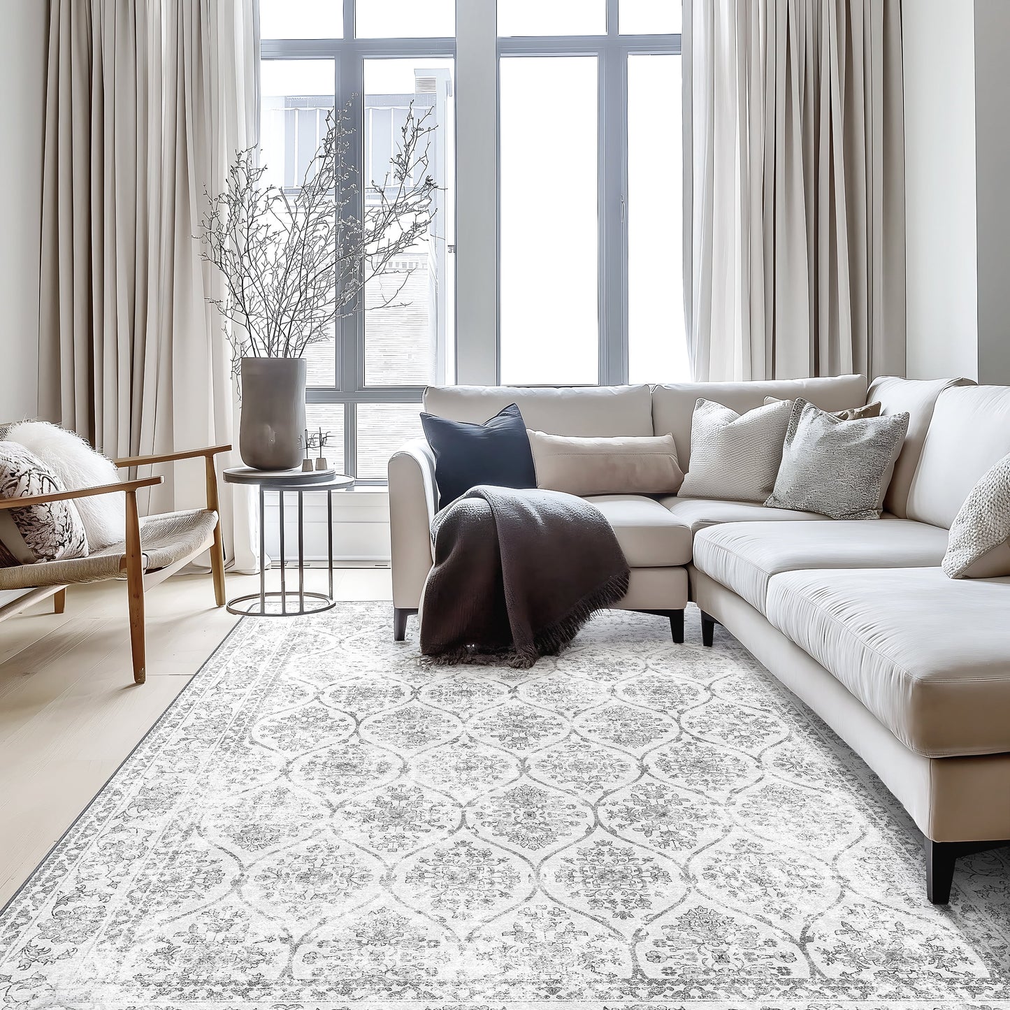 KUETH 3x5 Area Rugs for Living Room Bedroom, Machine Washable Stain Resistant Non-Shed Carpet, Print Vintage Floral Floor Cover, Low Pile Mat with Non Slip Backing, Distressed Cream/Gray