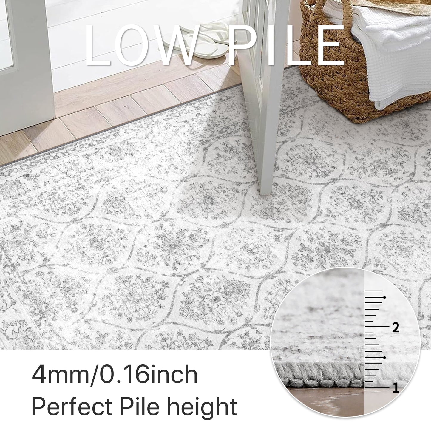 KUETH 3x5 Area Rugs for Living Room Bedroom, Machine Washable Stain Resistant Non-Shed Carpet, Print Vintage Floral Floor Cover, Low Pile Mat with Non Slip Backing, Distressed Cream/Gray