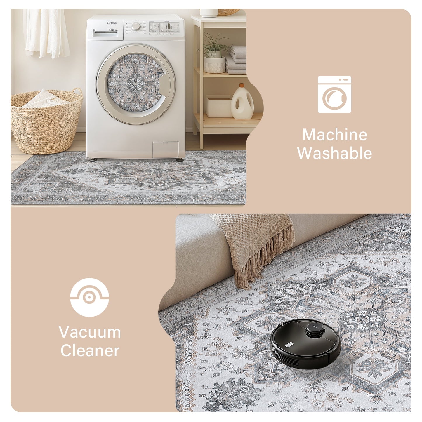 KUETH Area Rugs 3x5 Machine Washable Vintage Distressed Print Gray Floral Medallion Large Accent Bedroom Living Room Rug, Low Pile Ultra-Thin Lightweight Non Slip with Gripper