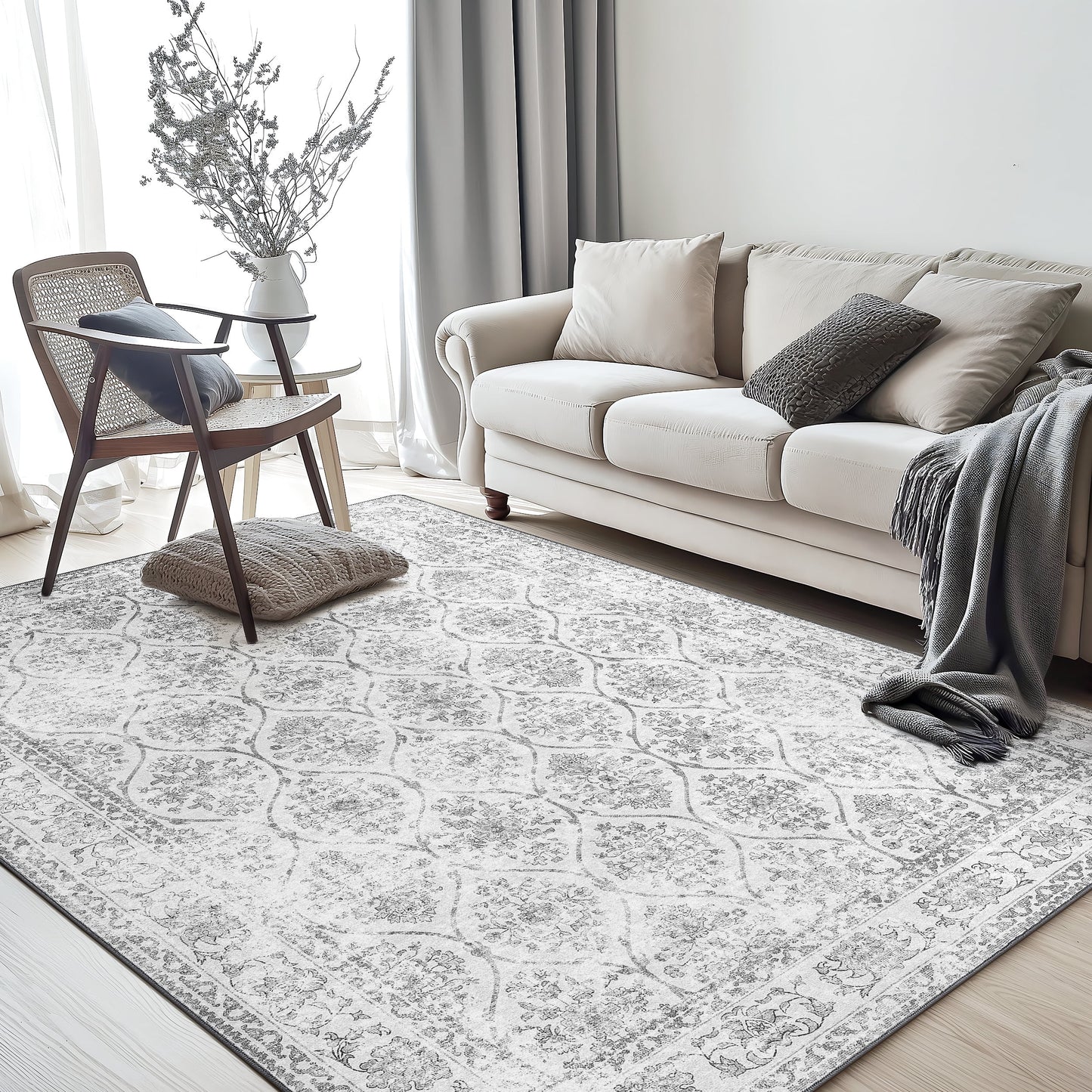 KUETH 3x5 Area Rugs for Living Room Bedroom, Machine Washable Stain Resistant Non-Shed Carpet, Print Vintage Floral Floor Cover, Low Pile Mat with Non Slip Backing, Distressed Cream/Gray