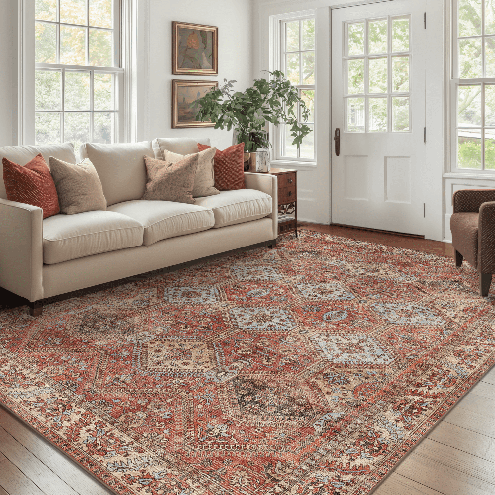 KUETH 5'x7' Area Rugs for Living Room, Non Slip Machine Washable Vintage Indoor Rug, Low Pile Chenille Print Rug for Bedroom Dining Room Home Office