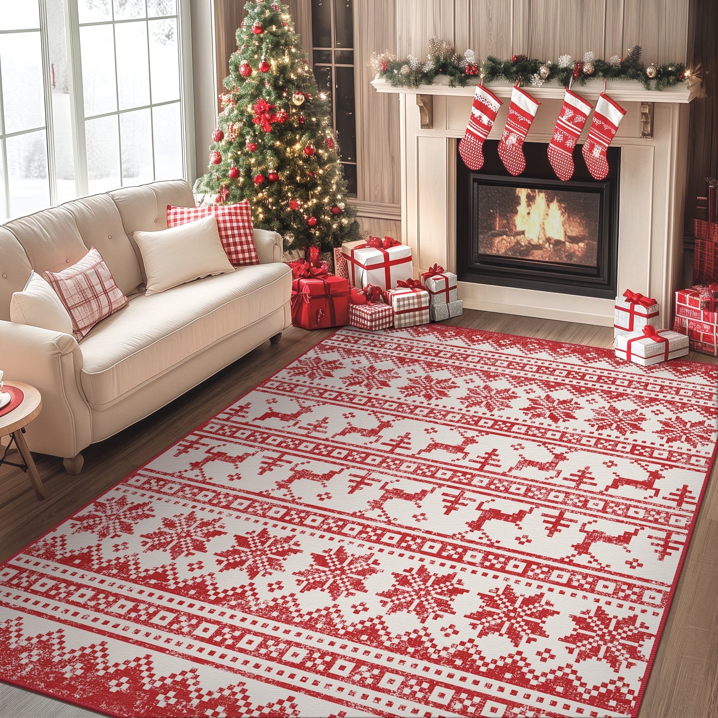 KUETH 5X7 Area Rugs Christmas Rug, Machine Washable Rug, Christmas Area Rugs for Livingroom, Ultra-thin Printed Christmas Rugs Decor, Non Slip Runner Rug, Low Pile for Bedroom