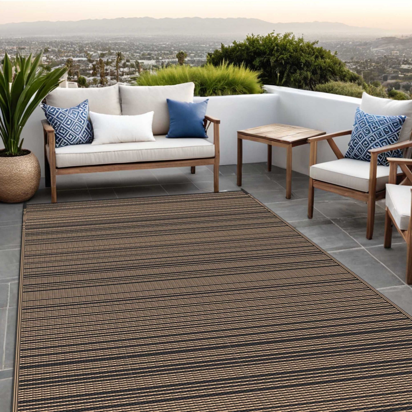 KUETH 9'x 12' Outdoor Waterproof Rug Camping Mat Patio Carpet,Black&Brown