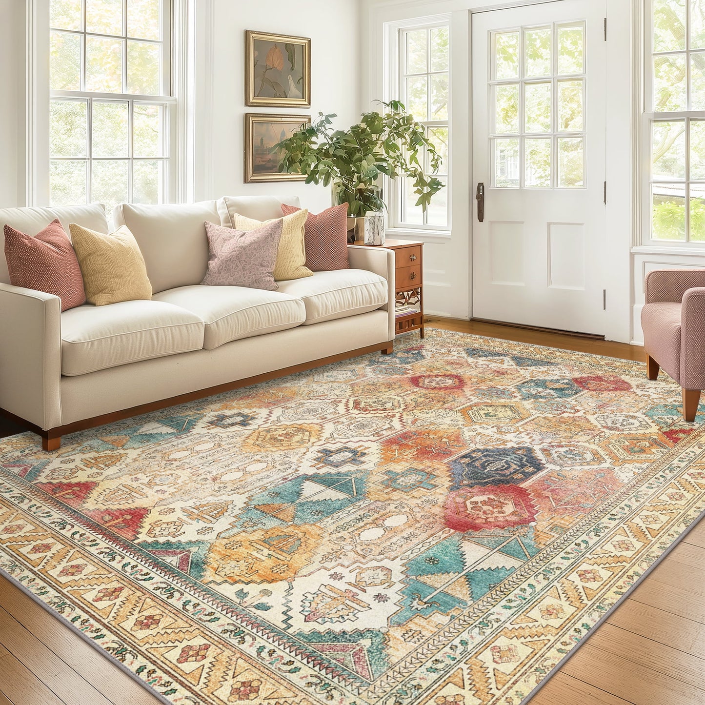 KUETH Area Rugs for Living Room, Large Washable Rug with Non Slip, Ultra Thin Rug for Bedroom,Kitchen,Dorm,Playroom, Clear Vintage Print Area Rugs