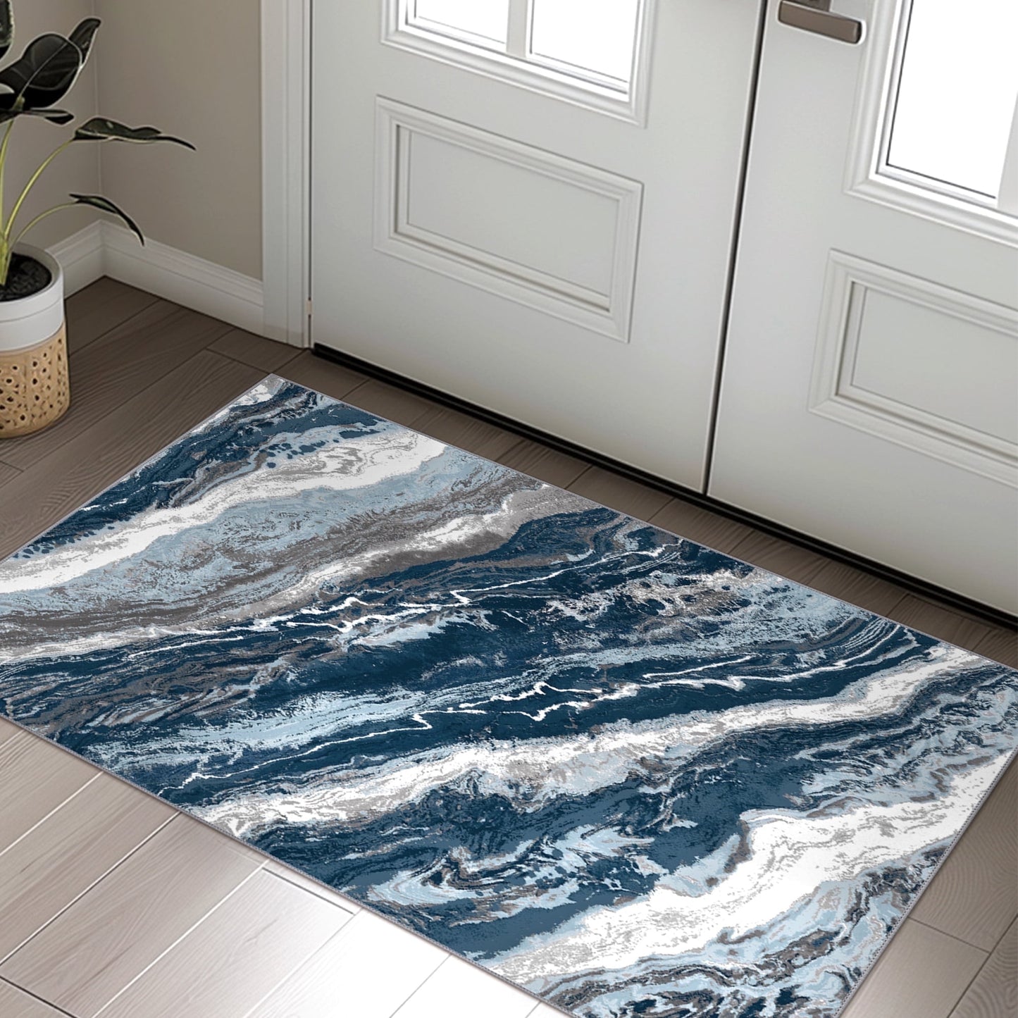 KUETH Doormat 2x3 Machine Washable Entryway Rugs Distressed Medallion Vintage Print Blue Throw Rug for Bedroom Living Room Aesthetic, Non Slip Carpet with Gripper