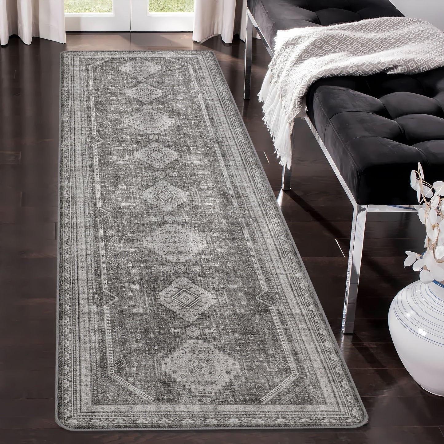 KUETH Runner Rugs 2'x5' Non Slip Hallway Runner Rug, Machine Washable Low Pile Mat for Living Room, Entryway, Bedroom, Kitchen and Corridor, Passage, Gray