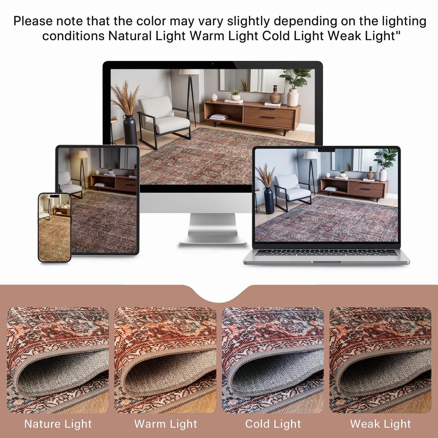 KUETH 8'x10' Area Rugs for Living Room, Non Slip Machine Washable Vintage Indoor Rug, Low Pile Chenille Print Rug for Bedroom Dining Room Home Office