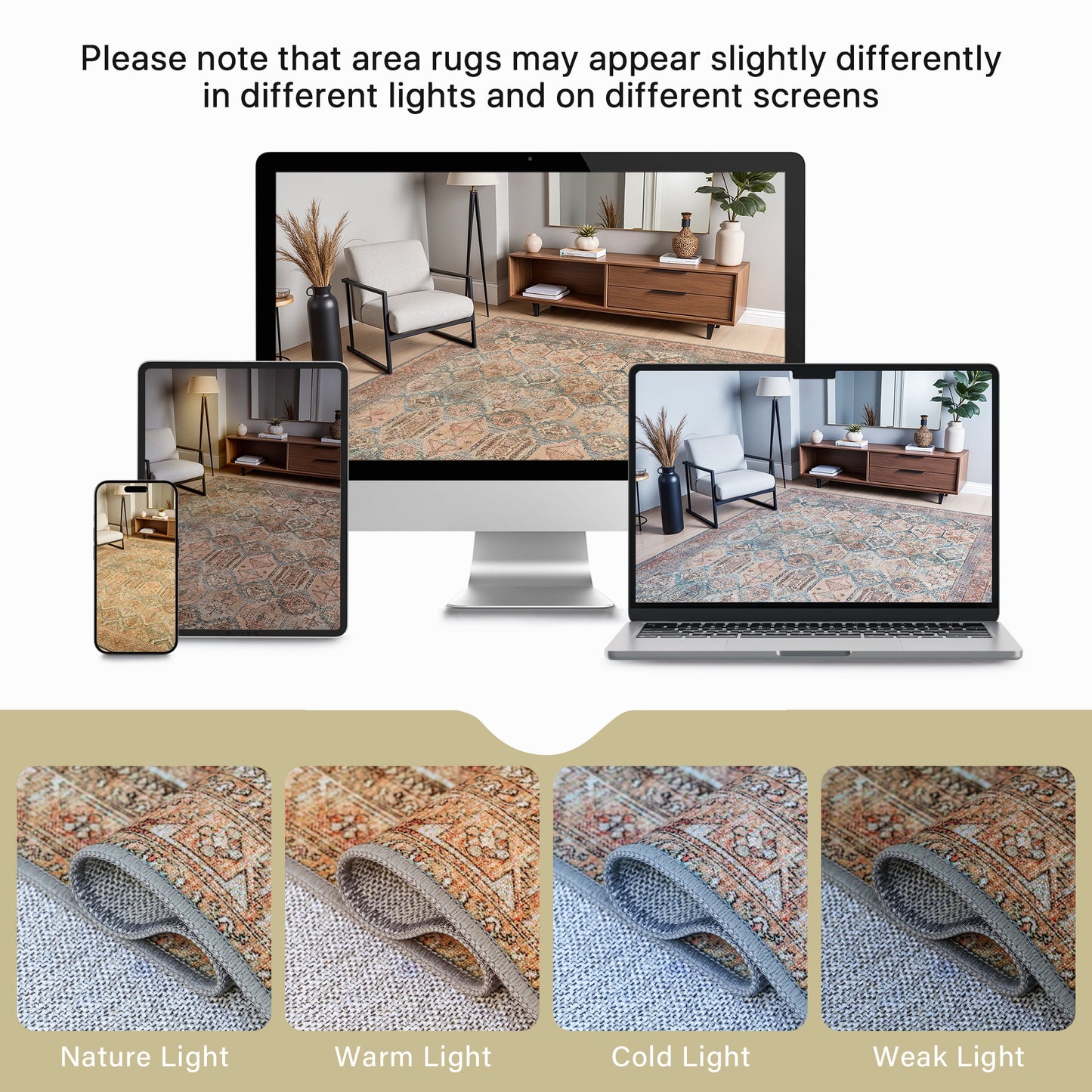 KUETH 9'x12' Area Rugs for Living Room, Ultra-thin Non Slip Machine Washable Vintage Indoor Rug, Low Pile Chenille Print Rug for Bedroom Dining Room Home Office