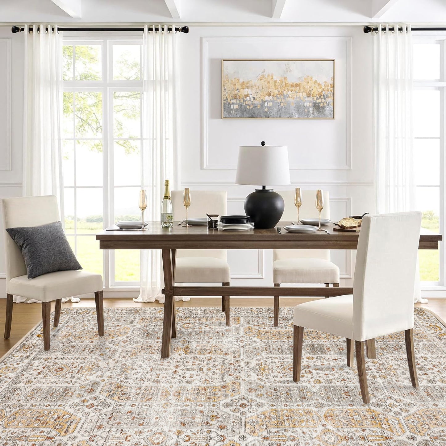 KUETH Area Rug 5x7 for Living Room Dining Room, Soft Large Machine Washable Throw Rug with Non-Slip Rubber Backing, Stain Resistant Indoor Vintage Print Carpet for Bedroom Nursery Room