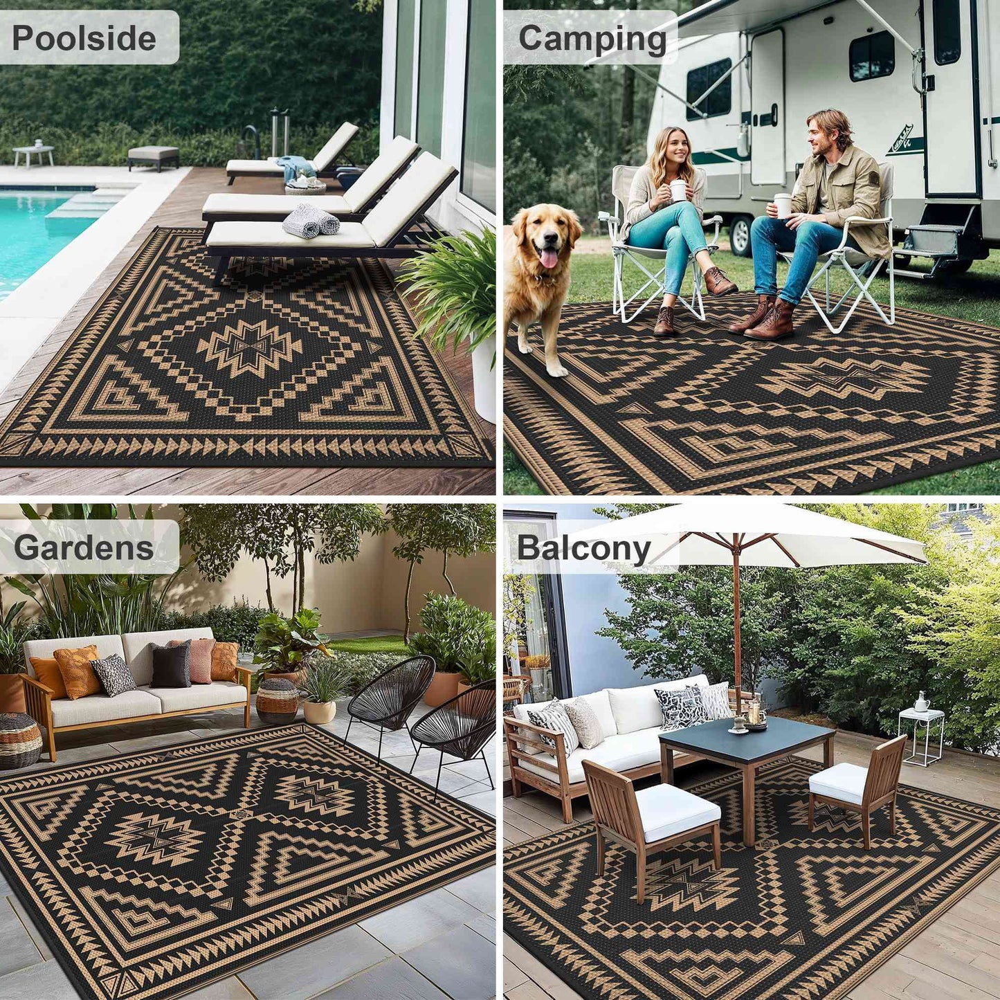 KUETH 5' x 8' Outdoor Waterproof Rug Camping Mat Patio Carpet,Black & Brown