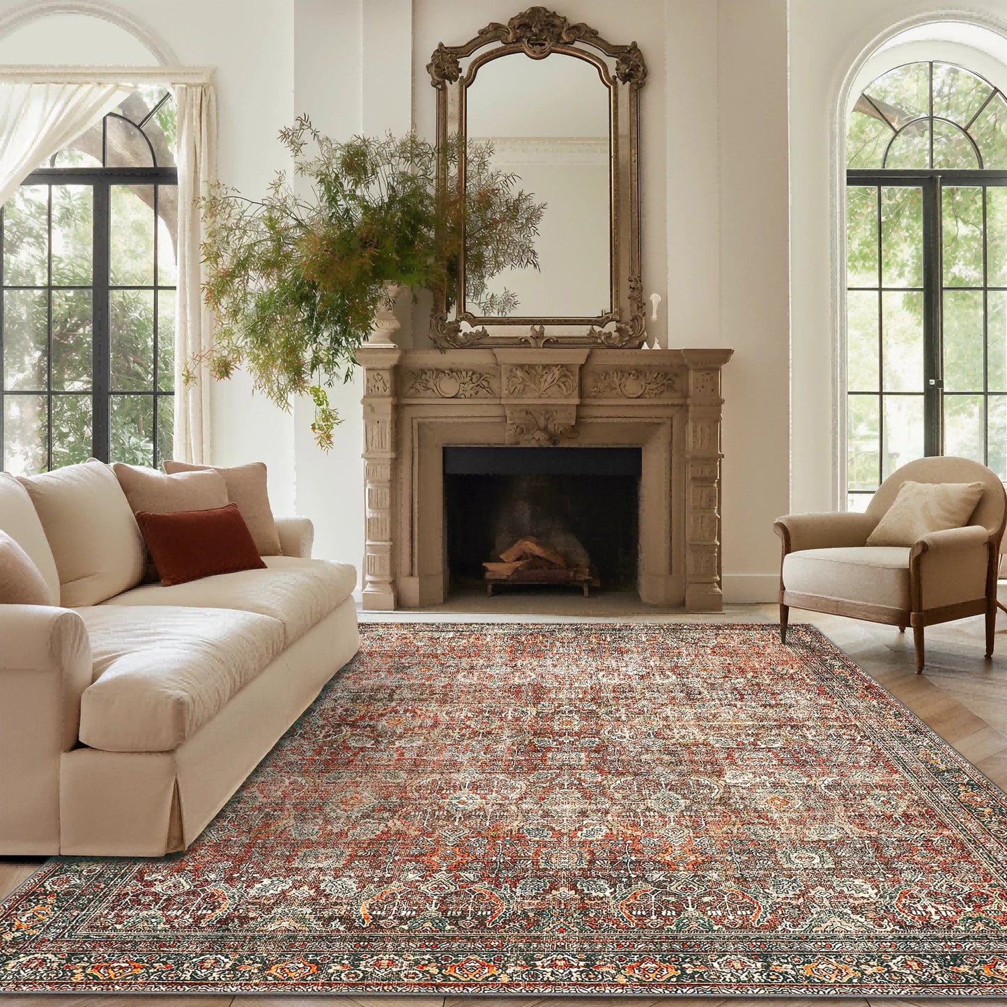 KUETH 8'x10' Area Rugs for Living Room, Non Slip Machine Washable Vintage Indoor Rug, Low Pile Chenille Print Rug for Bedroom Dining Room Home Office