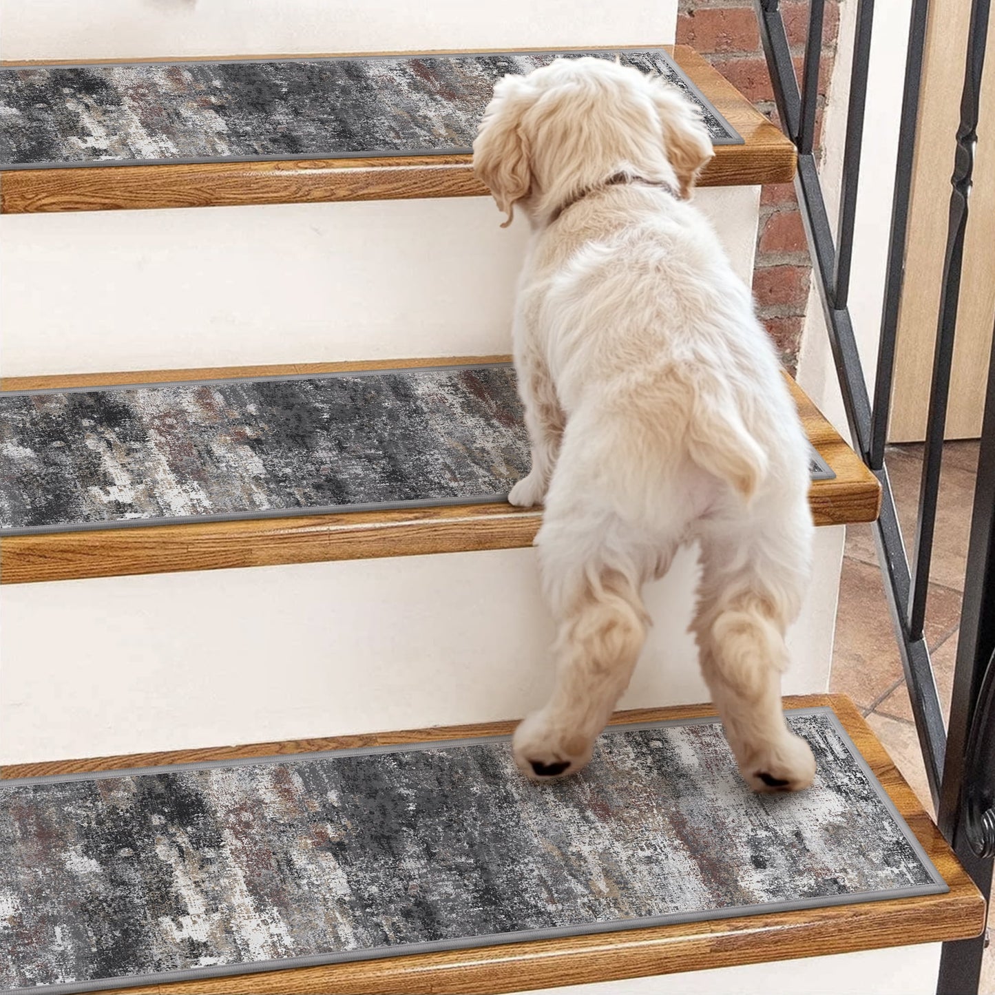 KUETH Stair Treads 15 Pcs 8"x30" Self-Adhesive Non-Slip Carpet for Wood Steps, Washable Rubber Backing Indoor Safety Mats for Kids & Pets