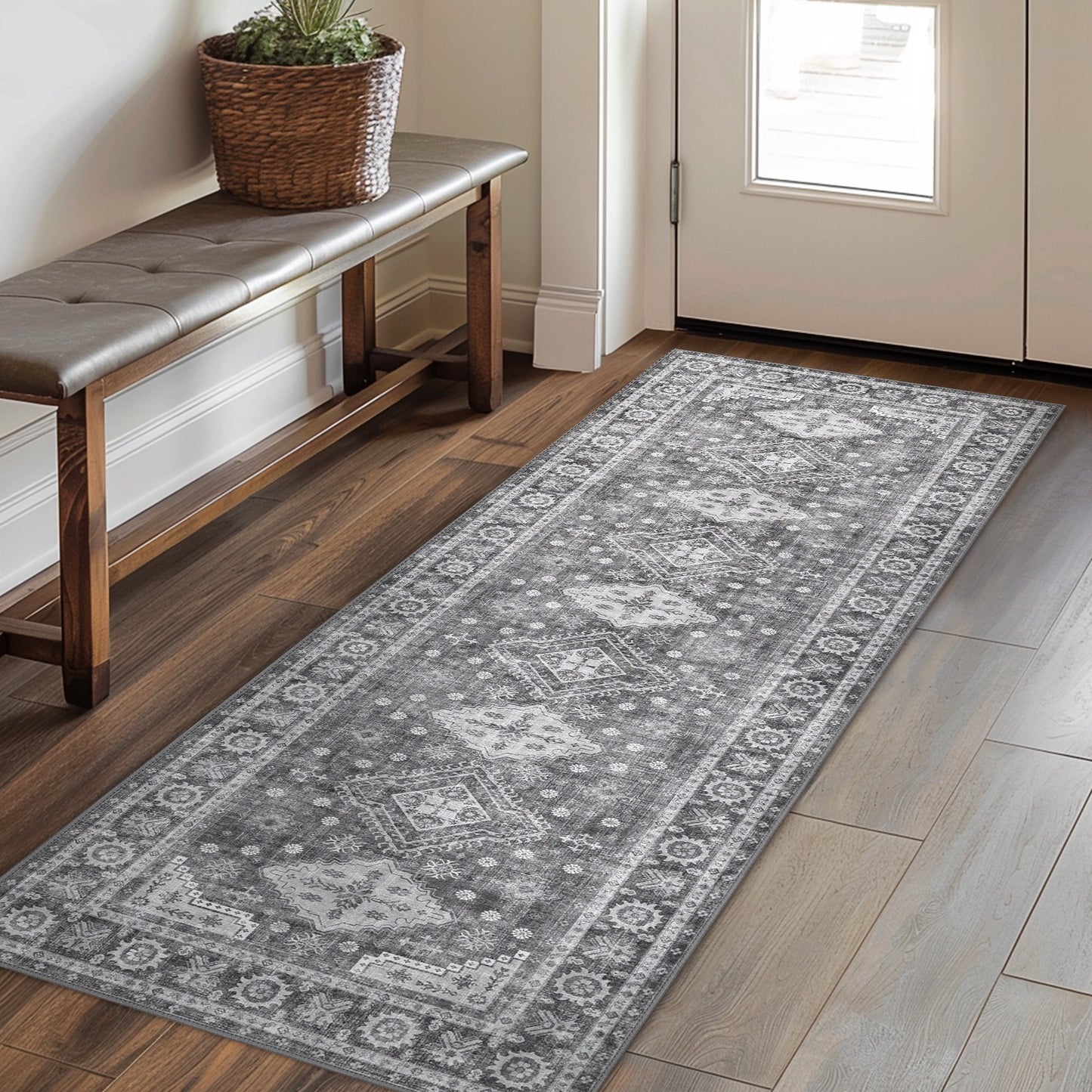 KUETH 2x10 Runner Rugs for Entryway Front Entrance Kitchen Bathroom, Machine Washable Stain Resistant Floor Cover, Print Vintage Boho Tribal Aesthetic Mat, Low Pile with Non Slip Rubber Backing