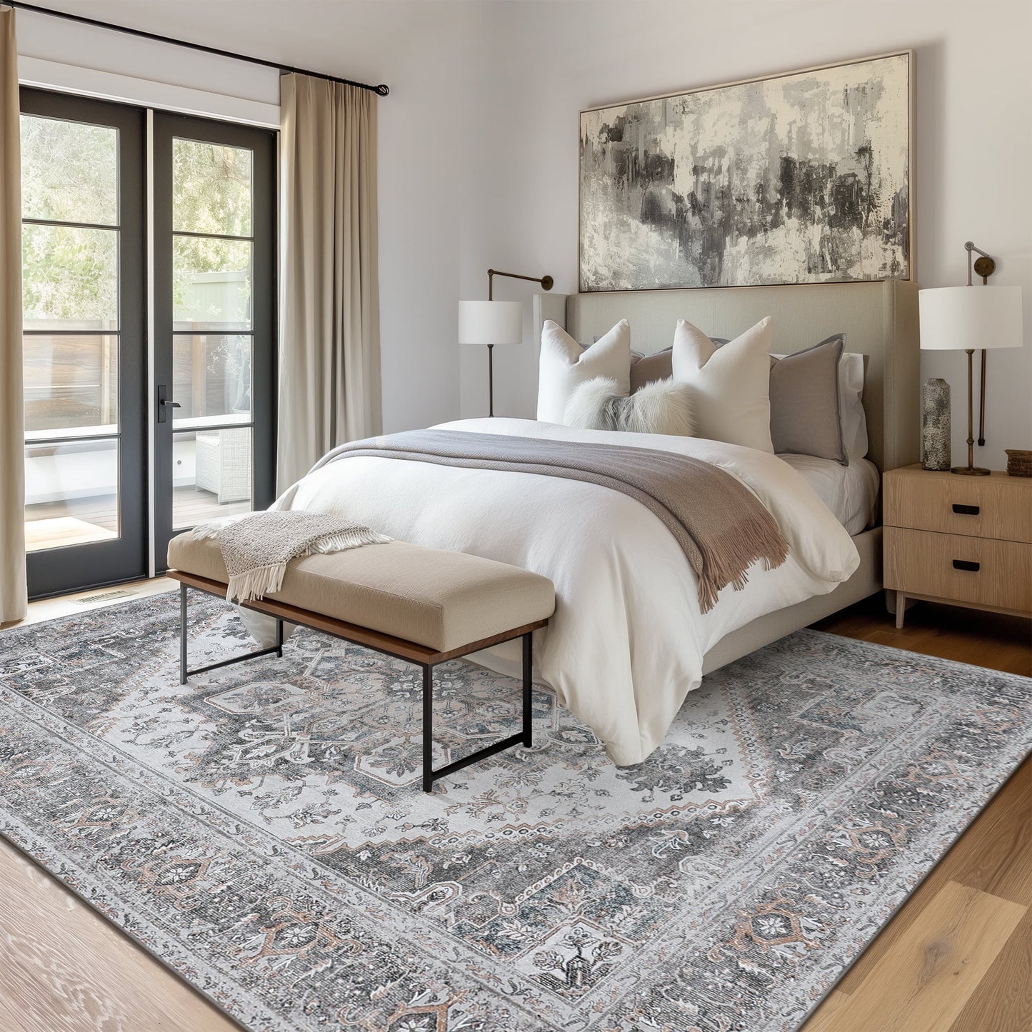 KUETH Area Rugs 3x5 Machine Washable Vintage Distressed Print Gray Floral Medallion Large Accent Bedroom Living Room Rug, Low Pile Ultra-Thin Lightweight Non Slip with Gripper