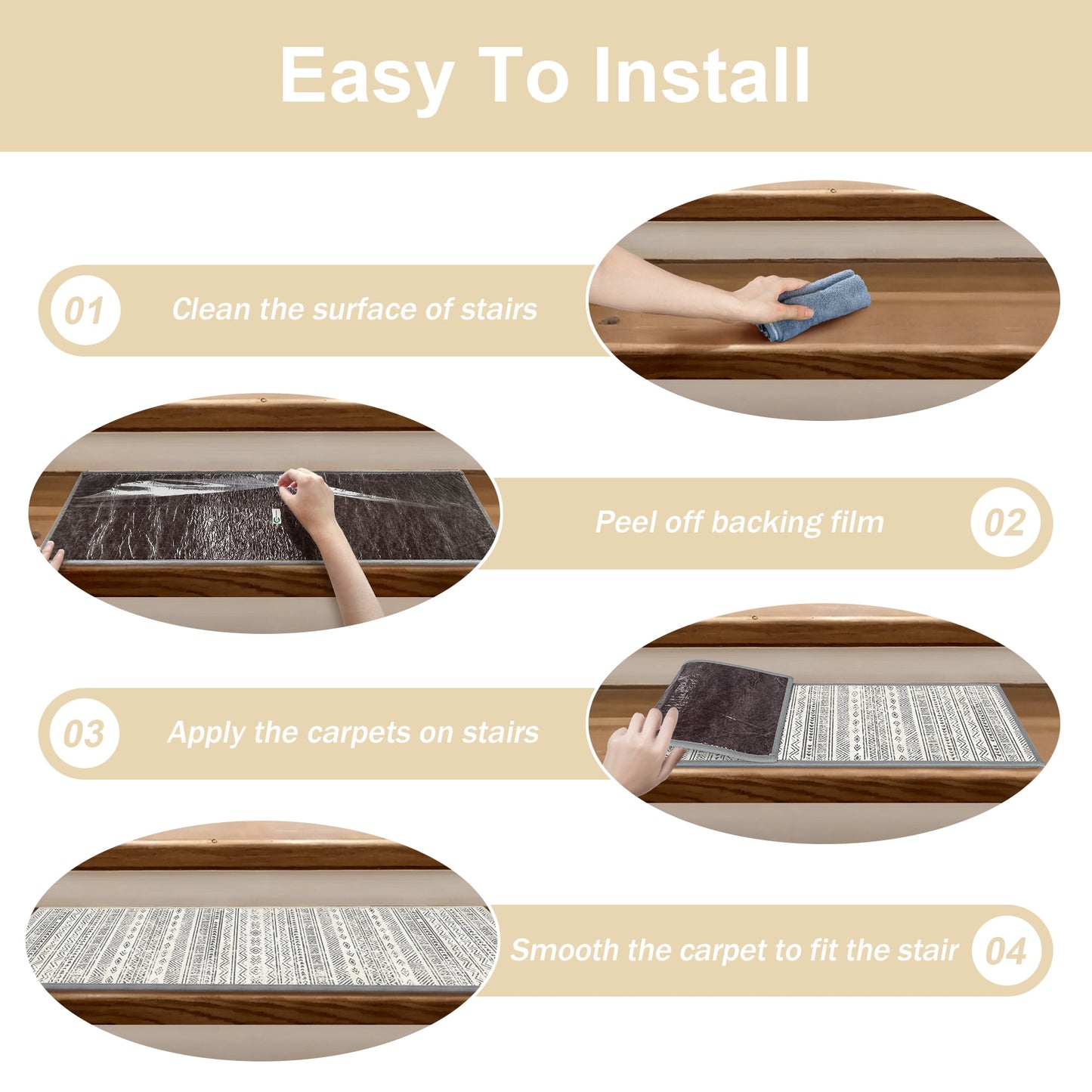 KUETH Stair Treads Non Slip 10 PCS, 8" X 30" Edging Stair Runner for Wooden Steps Indoor, Resistant Stair Rugs with Reusable Rubber Adhesive Backing, Residue Free Mat for Kids, Elders, Pets