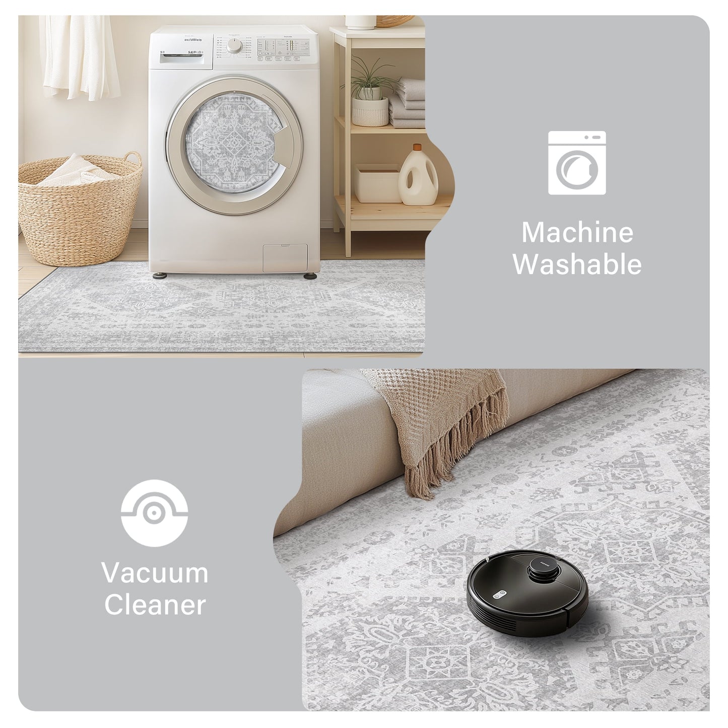 KUETH Area Rugs for Living Room 5x7 Machine Washable Bedroom Rugs Distressed Vintage Print Gray Large Throw Rug Dining Room Aesthetic, Non Slip Carpet with Gripper