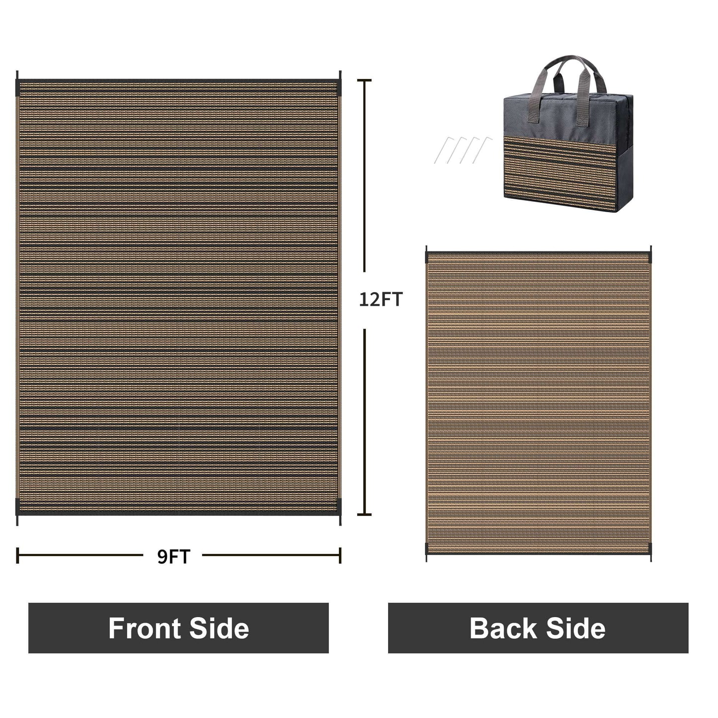 KUETH 9'x 12' Outdoor Waterproof Rug Camping Mat Patio Carpet,Black&Brown