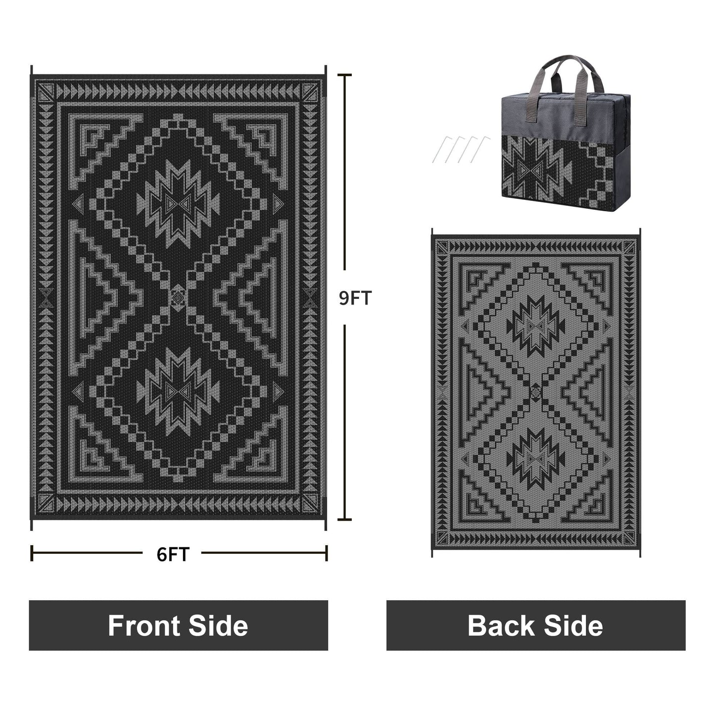 KUETH 6' x 9' Outdoor Waterproof Rug Camping Mat Patio Carpet,Black & Gray