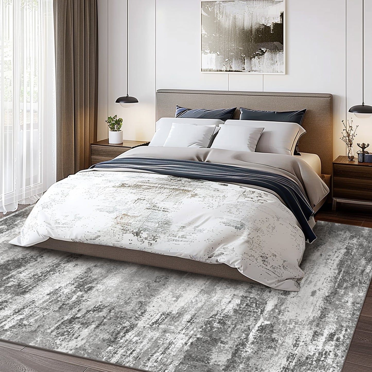 KUETH Area Rugs for Bedroom 8x10 Abstract Machine Washable Vintage Rugs Distressed Modern Print Throw Rug for Living Room Aesthetic, Non Slip Carpet Gray