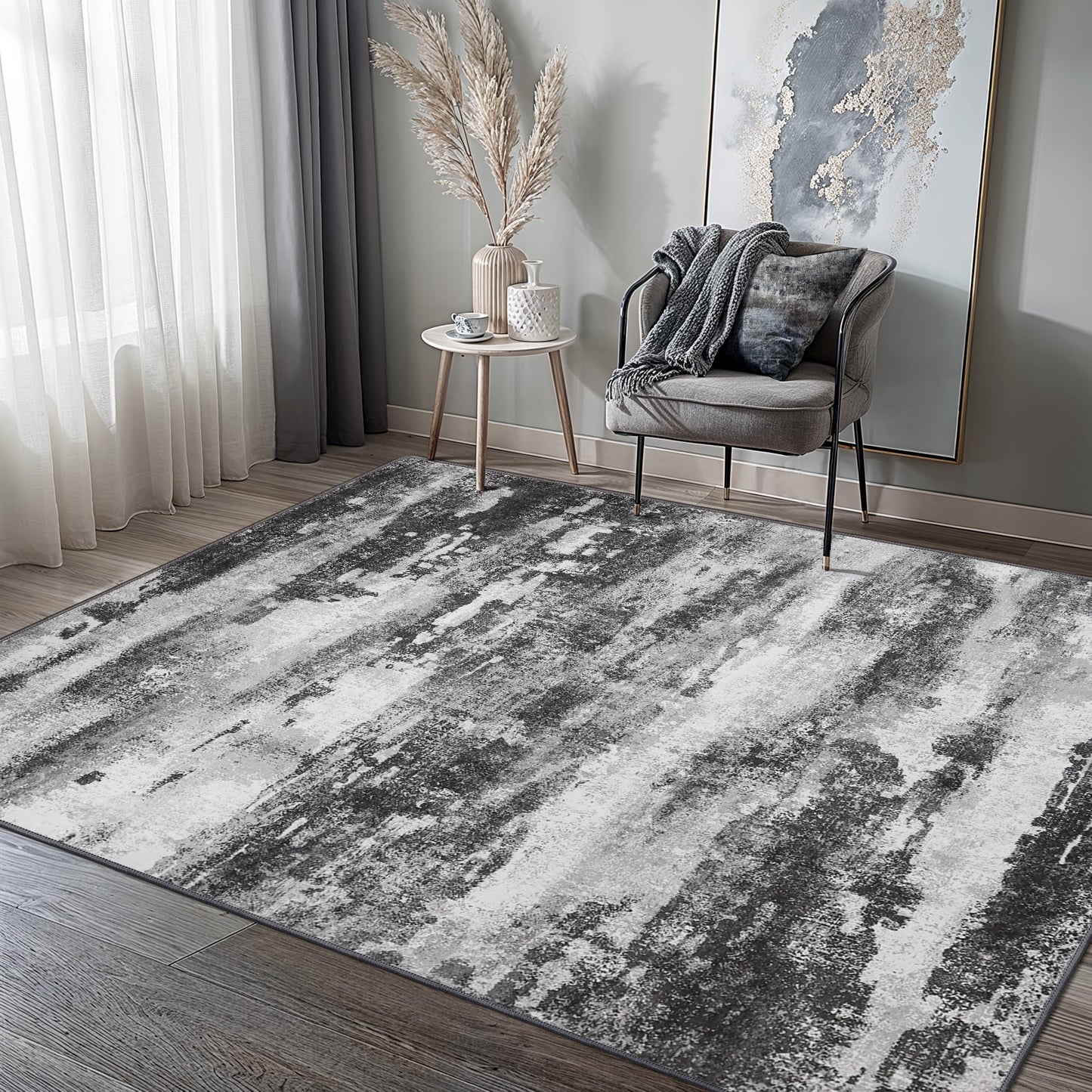KUETH Modern Abstract Area Rugs 5x7 for Living Room Bedroom Stain Resistant Machine Washable Large Black Rug Soft Throw Rugs, Low-Pile Floor Carpet with Non Slip Backing for Dining Room