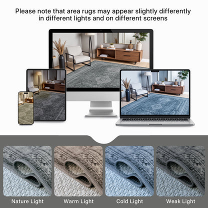 KUETH Area Rug 6'x9', Non Slip Machine Washable Indoor Large Rug, Low Pile Chenille Print Mat for Bedroom Dining Room Home Office Hall Large Area of Place, Gray