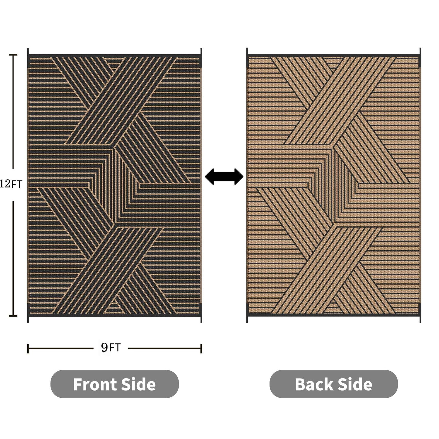 KUETH 9'x 12' Outdoor Rug Plastic Foldable Waterproof Outside Carpet UV Resistant Patio RV Deck Mat,Black Brown