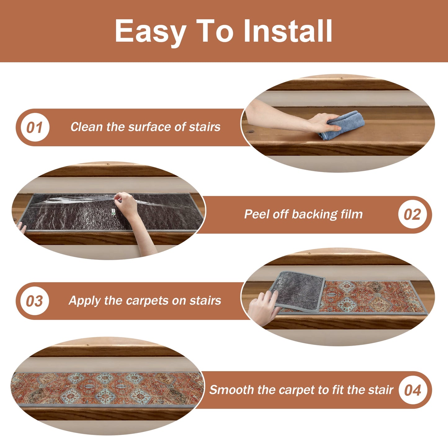KUETH Stair Treads 15 Pcs 8"x30" Self-Adhesive Non-Slip Carpet for Wood Steps, Washable Rubber Backing Indoor Safety Mats for Kids & Pets
