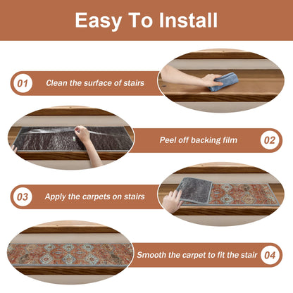 KUETH Stair Treads 15 Pcs 8"x30" Self-Adhesive Non-Slip Carpet for Wood Steps, Washable Rubber Backing Indoor Safety Mats for Kids & Pets