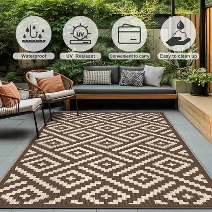 KUETH 5' x 8' Outdoor Waterproof Rug Camping Mat Patio Carpet,COFFEE & BEIGE