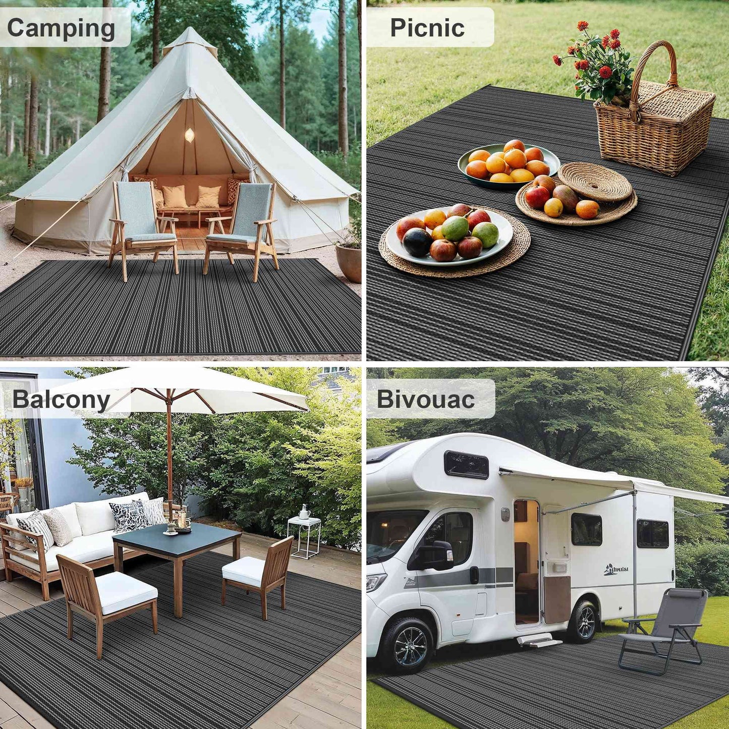 KUETH 5'x 8' Outdoor Waterproof Rug Camping Mat Patio Carpet,Black&Gray