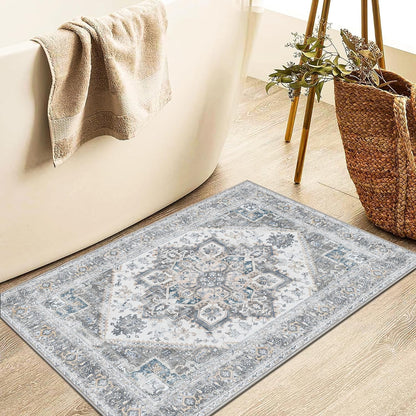 KUETH 2x3 Area Rugs for Living Room Bedroom, Machine Washable Stain Resistant Floor Cover, Print Gray Floral Medallion Large Accent, Low Pile Mat with Non Slip Rubber Backing, Distressed Gray